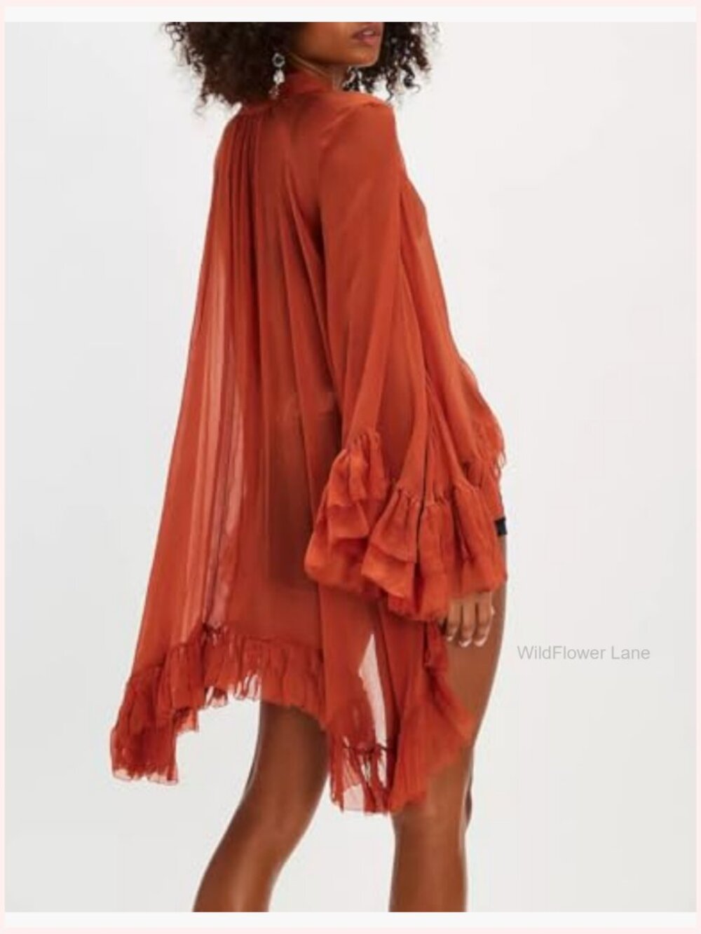 Long Bell Sleeve Flowy Top Sheer Mesh Blouse Cape Chiffon High Low Hem Ruffled - Picture 2 of 4